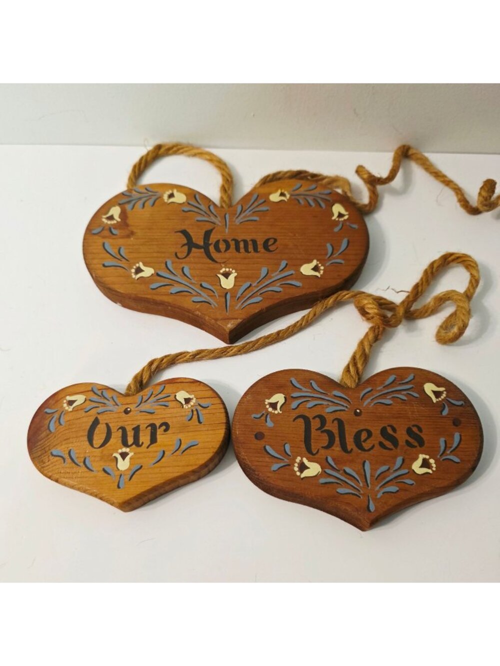 Vtg 3pc Wooden Heart Shaped Cottgecore Bless Our Home Wall Hanging Decor